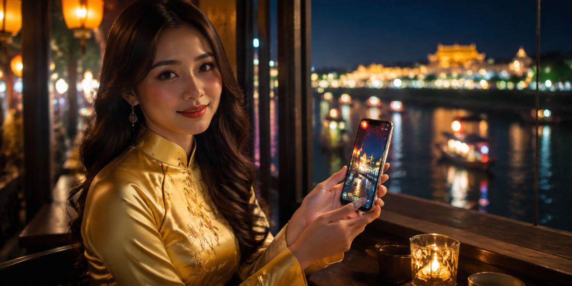 Người phụ nữ Sài Gòn trong áo dài truyền thống dùng điện thoại tham gia casino trực tuyến